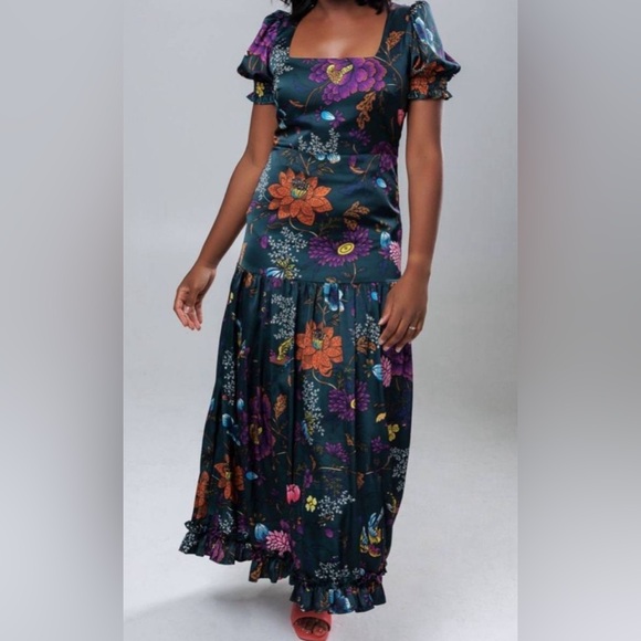 NWT Hutch Anthropologie Edie Puff Sleeve Green Floral Maxi Dress Size 14 -  mordernwear.com